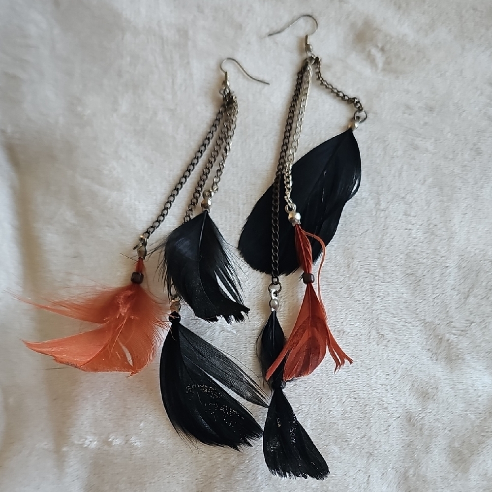 Elegant Black and Orange Feather Earrings